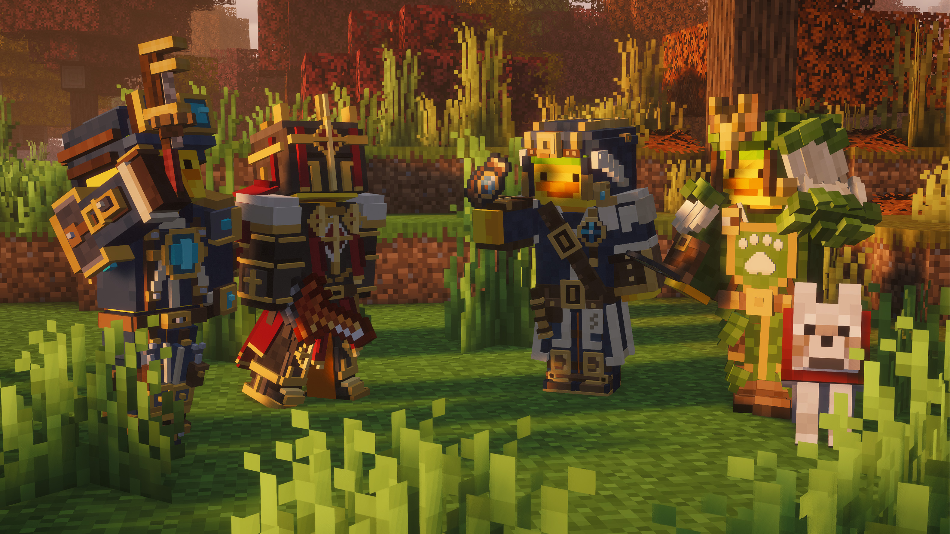 Four Relics & Regalia armor sets posed together in a Minecraft forest.